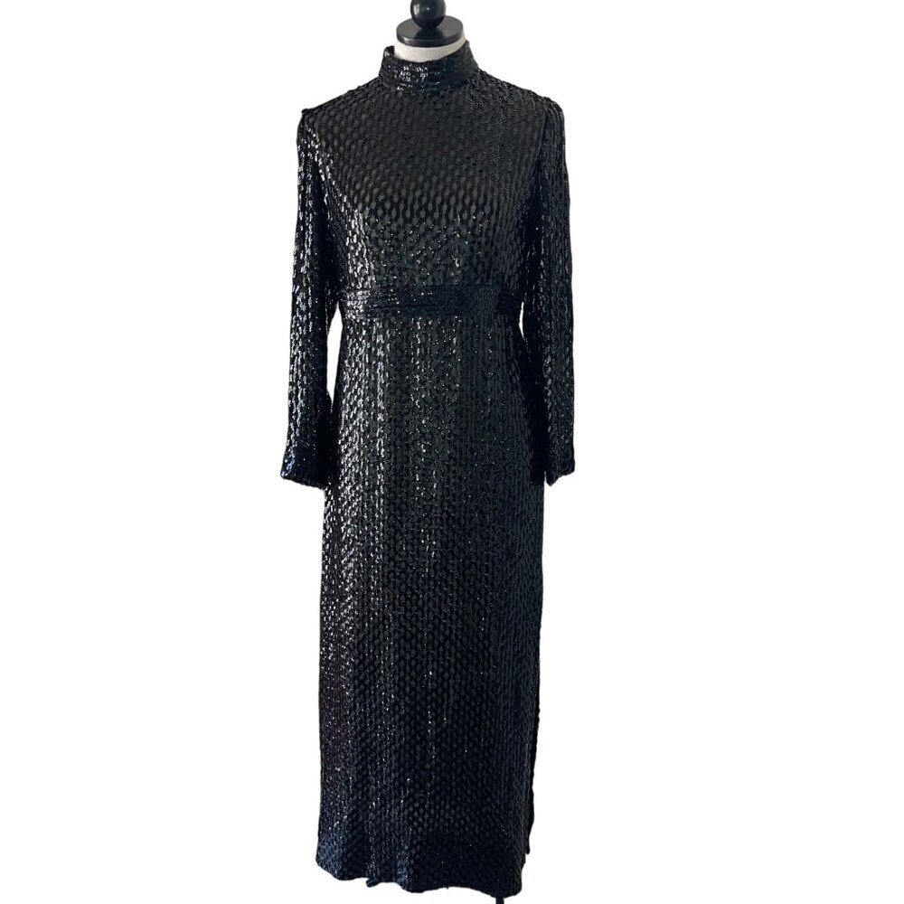 Vintage Womens Dress Black Size S Sequin Maxi Side Slit Mock Neck Long Sleeve